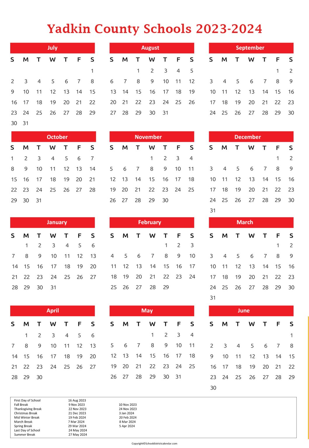 Yadkin County Schools Calendar Holidays 2023 2024