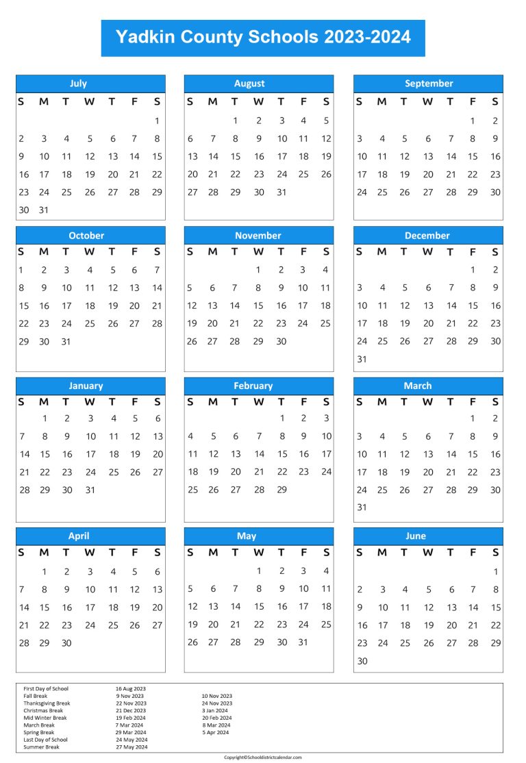 Yadkin County Schools Calendar Holidays 2023 2024
