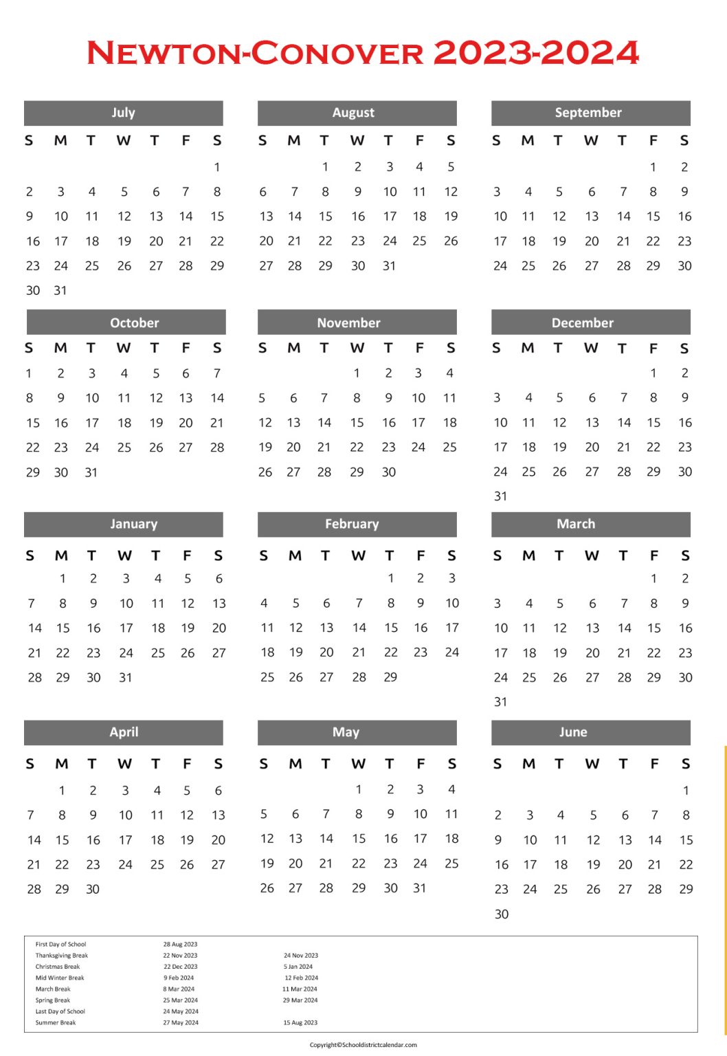 NewtonConover City Schools Calendar Holidays 20232024