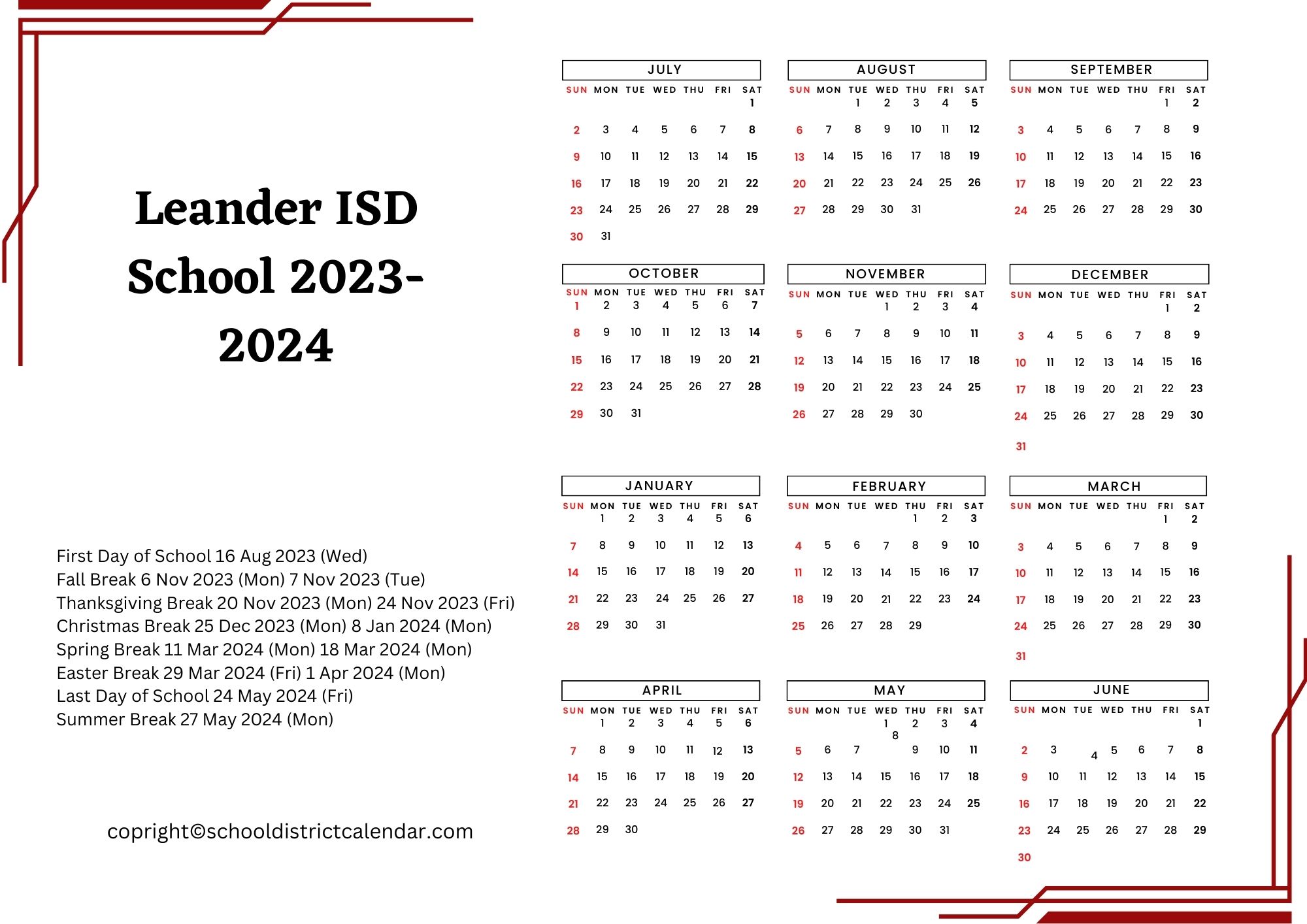 Leander ISD School Calendar Holidays 20252025